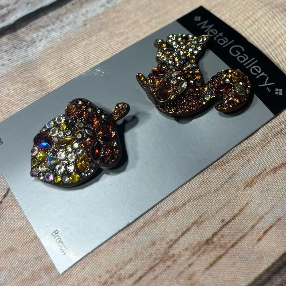 New! Metal Gallery Squirrel & Acorn Rhinestone Brooches NWT